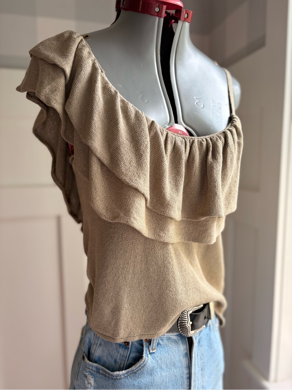 Zara Olive One-Shoulder Ruffle Top Large - Picture 7 of 7